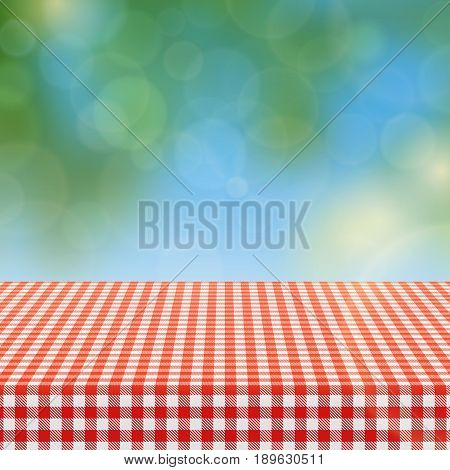 Picnic table with red checkered pattern of linen tablecloth and blurred nature background vector illustration. Checkered tablecloth textile for garden table