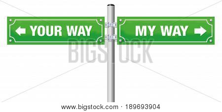 Going separate ways. MY WAY and YOUR WAY written on street signs - symbol for divorce, separation, for saying goodbye or farewell - isolated vector illustration on white background.