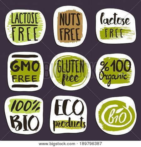 Organic food hand drawn labels set vector illustration. Vegetarian, gmo free, fresh and natural, lactose free, vegan, raw food, gluten free, healthy lifestyle, nuts free, bio and eco nutrition concept