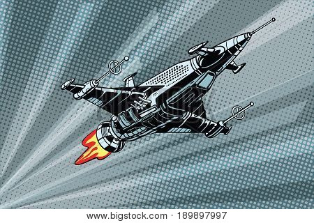 Futuristic outer space battle starship. Pop art retro vector illustration