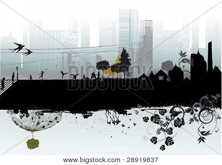 city, people, buildings and nature element