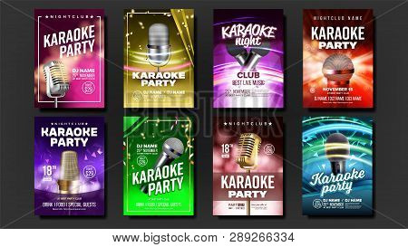 Karaoke Poster Set Vector. Music Night. Sing Song. Dance Event. Vintage Studio. Old Bar. Speaker Lab