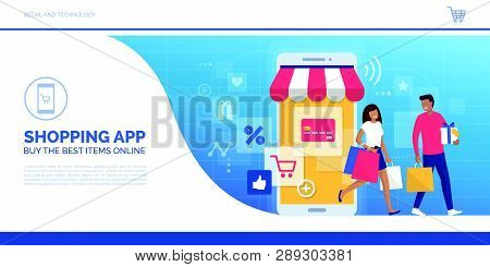 Happy Couple Doing Online Shopping Together And Carrying Shopping Bags, They Used A Retail App On A 