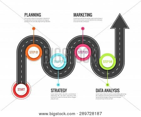 Road Journey Infographic. Trip Directional Map Winding Road, Travel To Success. Footpath Way Vector 