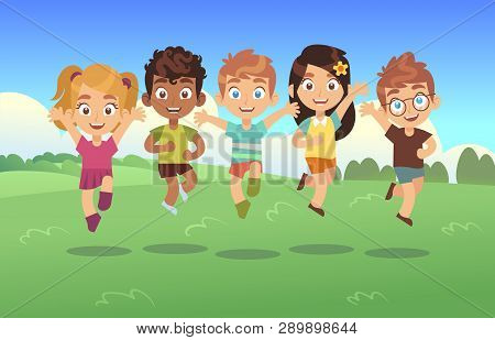 Happy Jumping Kids. Children Holiday Cartoon Panorama Childrens Summer Meadow Park Teenagers Jump Da