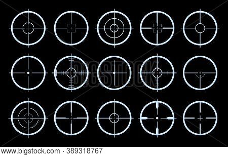 Target On Crosshair Of Gun. Sniper Sight Icons. Cross Scope For Rifle Of Army. Logo For Military Gam