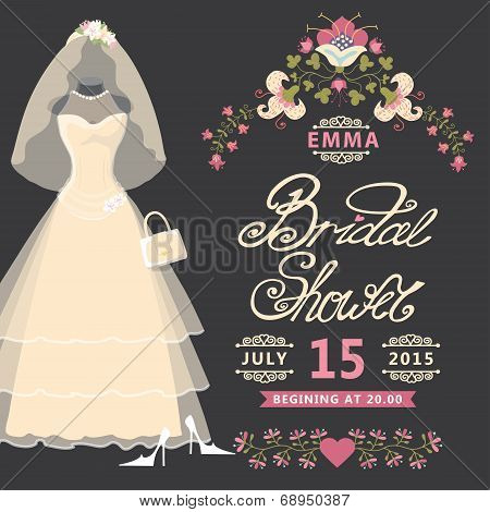 Bridal Shower invitation .Vintage wedding dress with flowers