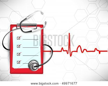 Medical background with stethoscope and doctors prescription pad on heartbeat symbol background.