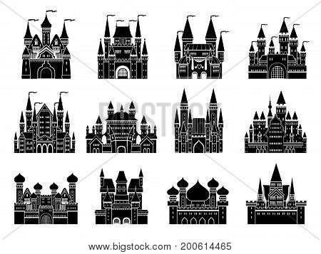 Monochrome vector illustrations set with different medieval old castles and towers. Castle building fortress monochrome, historic medieval castle