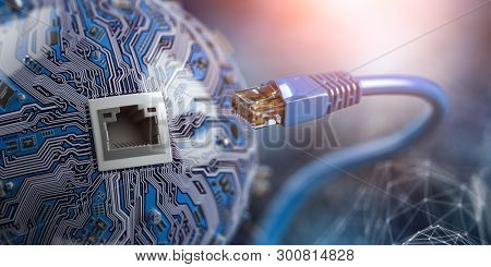 LAN network connection ethernet cable with computer chip. Internet cord  on futuristic background. 3d illustration