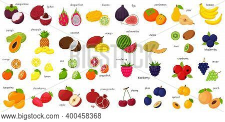 A Large Set Of Tropical, Exotic, Citrus Fruits With Names. Fruit And Berry Icons. Whole Fruit, Half 