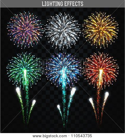 Set of 6 realistic fireworks different colors. Festive, bright firework