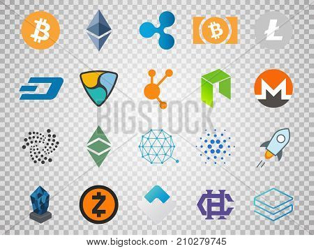 Vector set of cryptocurrency icons. Top 20 signs related to bitcoin and based on blockchain technologie crypto currencies with fast growing market capitalization. Such as bitcoin, ethereum, ripple, litecoin, dash, nem, bitconnect, neo, monero, iota, etc.