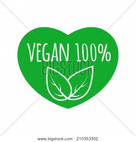 Vegan food sign with leaves in heart shape design. Vegan vector logo. Eco green logo. Raw, healthy food badge.