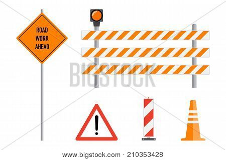 Road works signs set flat vector illustration. Work road ahead orange warning sign, striped warning posts, barricade traffic cone. Traffic caution warning signs concept. Road works, caution signs. Set of road work signs.