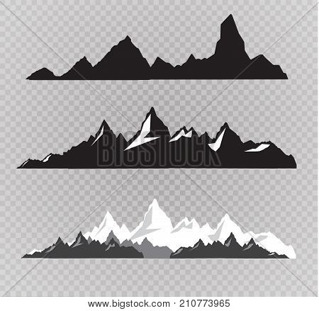 Set of black and white mountain silhouettes.Background border of rocky mountains.Vector illustration