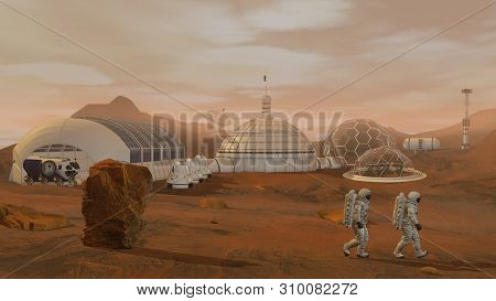 3d Rendering. Colony On Mars. Two Astronauts Wearing Space Suit Walking On The Surface Of Mars. Expl