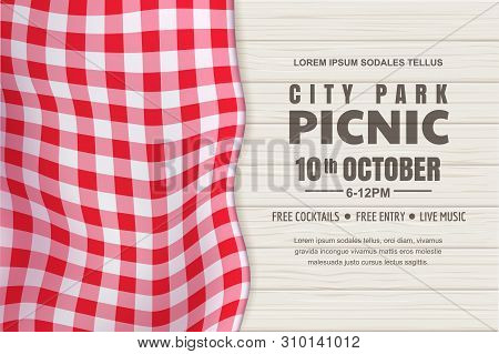 Picnic Horizontal Background. Vector Poster Or Banner Design Template With Realistic Red Gingham Tab