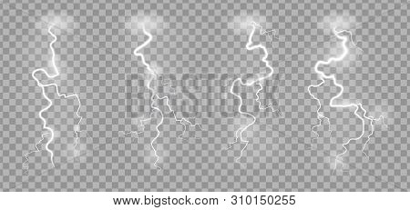 Storm Lightnings. Blitz Realistic Electric Sky Lightning On Transparent Background With Power Strike