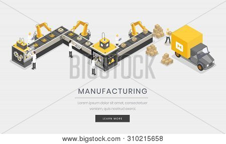 Manufacturing Industry, Business Landing Page Template. Fully Automated, Autonomous Assembly Process