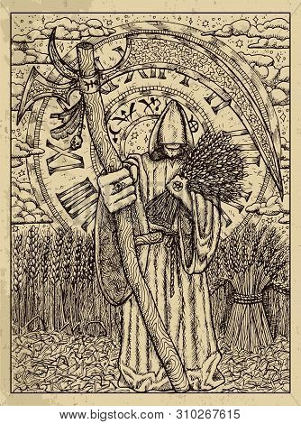 Scythe. Mystic Concept For Lenormand Oracle Tarot Card. Vector Engraved Illustration. Fantasy Line A