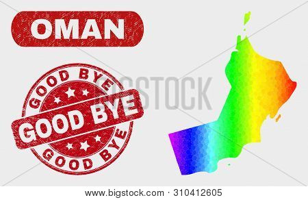 Rainbow Colored Dot Oman Map And Seal Stamps. Red Rounded Good Bye Scratched Seal Stamp. Gradiented 