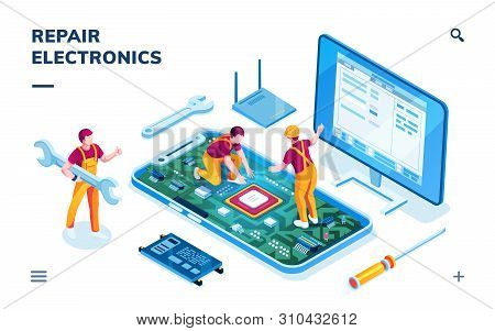 Isometric Page For Electronics Repair Service. Worker With Wrench And Serviceman Repairing Smartphon