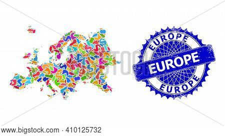 Europe Map Vector Image. Spot Collage And Scratched Seal For Europe Map. Sharp Rosette Blue Stamp Se