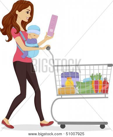 Illustration of a Woman Doing Some Grocery Shopping While Carrying a Baby