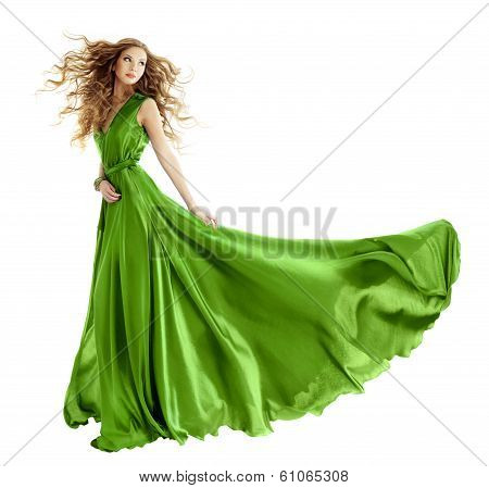 Woman In Beauty Fashion Green Gown, Long Evening Dress Over Isolated White Background