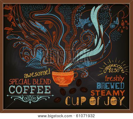 Chalkboard Poster for Coffee Shop - Colorful blackboard advertisement for coffee shop, with steamy cup of coffee and specials - hand drawn, doodle chalks, vintage style marketing