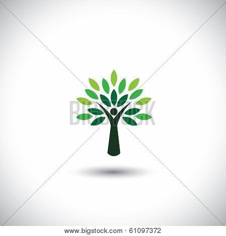 People Tree Icon With Green Leaves - Eco Concept Vector