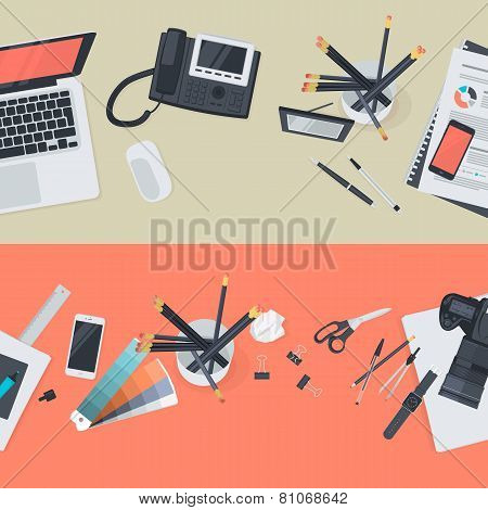 Set of flat design illustration concepts for creative workspace and business workspace