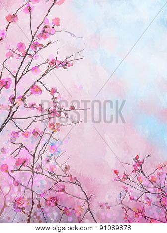 Painting Pink Japanese Cherry - Sakura Floral Spring Blossom Background