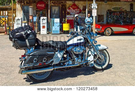 Hackberry, U.S.A. May 25, 2011: Arizona, a motorcycle in front of the General Store on the Route 66.