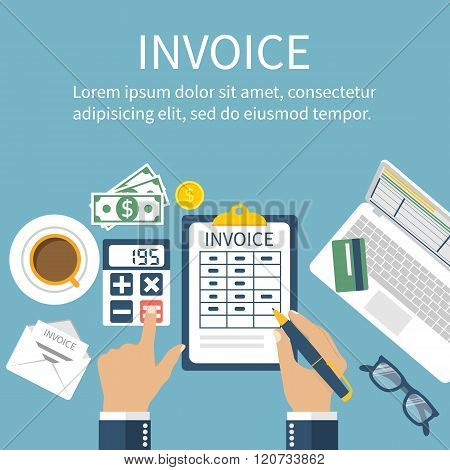 Invoice. Man At Table, Calculations On Payment, Bills, Receipts, Invoices.