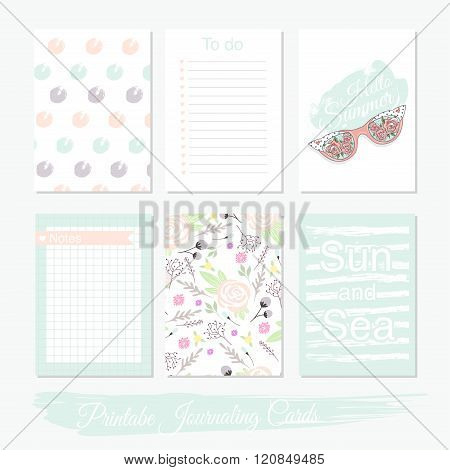 Printable cute set of filler cards with flowers sunglasses and summer elements. Vector templates for posters flyers banner designs journal cards scrapbook planner diary journaling.