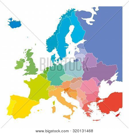 Map Of Europe In Colors Of Rainbow Spectrum. With European Countries Names