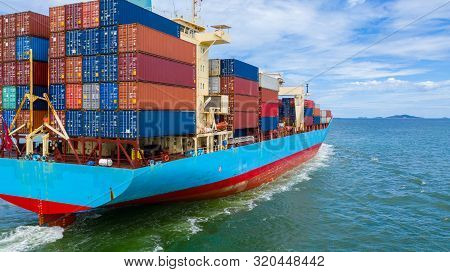 Container Ship Working At Industrial Port, Business Import And Export Logistic And Transportation Of