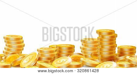 Golden Coins Stacks. Lots Money, Finance Business Profits And Wealth Gold Coin Pile. Dollar Stack, C