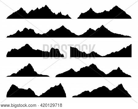 Mountains Silhouettes Black. Skyline Ranges, High Mountain Hike Landscape, Alpine Peaks. Extreme Hik