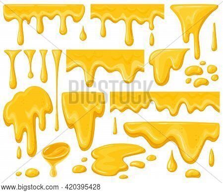 Cartoon Honey Drips. Dripping Golden Delicious Honey Flows, Yellow Natural Sweets Splashes And Honey