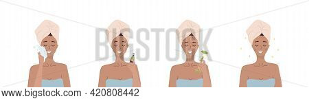 Facial Massage Steps. Woman Do Cosmetic Spa Procedures For Face With Jade Nephrite Roller. Morning R