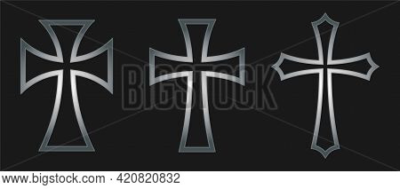 Cross Vector Shape Symbol. Christianity Sign. Christian Religion Icon. Metal Silver Color. Catholic 