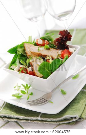 Fresh green salad with grilled chicken herbs and tomatoes