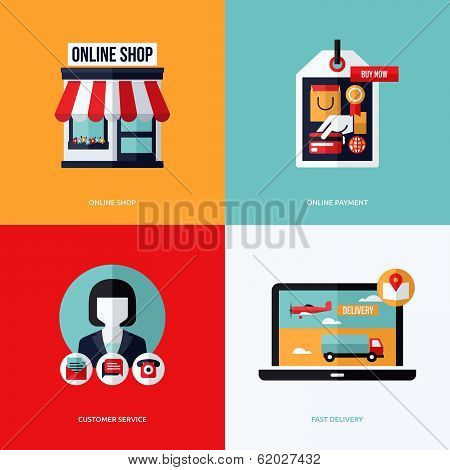 Flat Vector Design With E-commerce And Online Shopping Icons And Elements