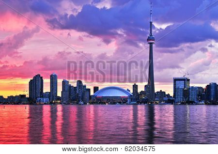 Scenic view at Toronto city waterfront skyline at sunset