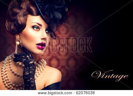 Retro Woman Portrait. Vintage Style Girl Wearing Old fashioned Hat and Gloves, retro Hairstyle and Make-up. Romantic lady