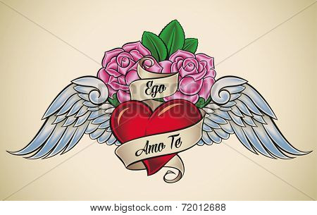 Old-school styled tattoo of a red heart, pink roses and blue wings. The motto Ego Amo Te means I Love You in Latin. Raster illustration.