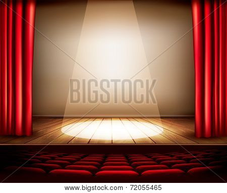 A theater stage with a red curtain, seats and a spotlight. Vector.